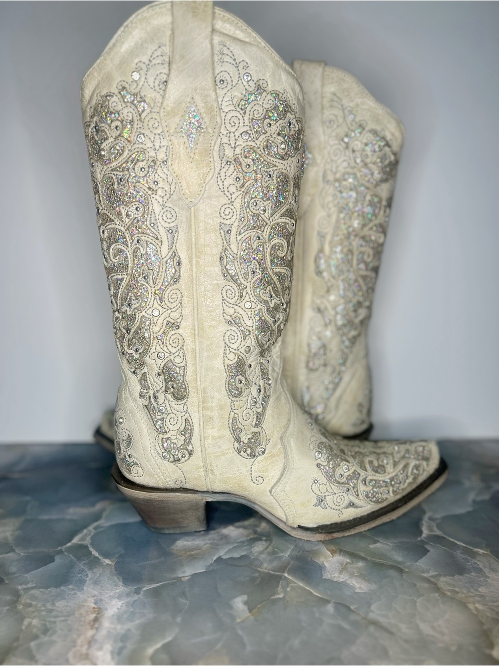 Embellished Cream Women's Western Heeled Boots